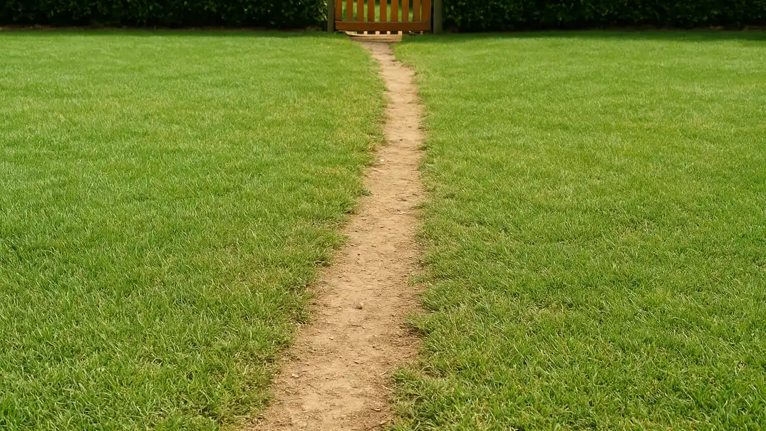 Worn dirt footpath cutting diagonally across a Bermuda lawn from a gate toward the back, with thinned grass on either side of the compacted strip.